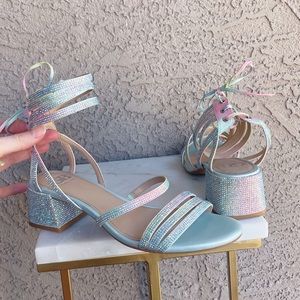 GIANNI BINI Ombré Rainbow Satin Crystal Jewel Embellished Strappy Chunky Heels 8